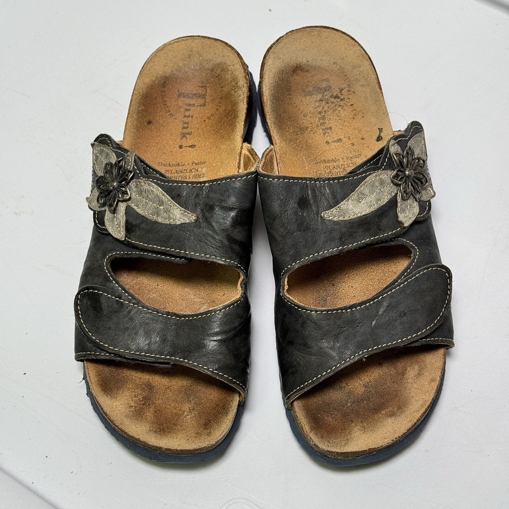 Think!‎ Dark Gray Leather Floral Strappy Sandals Summer Boho Chic Slip Ons 38/7 - Picture 2 of 8